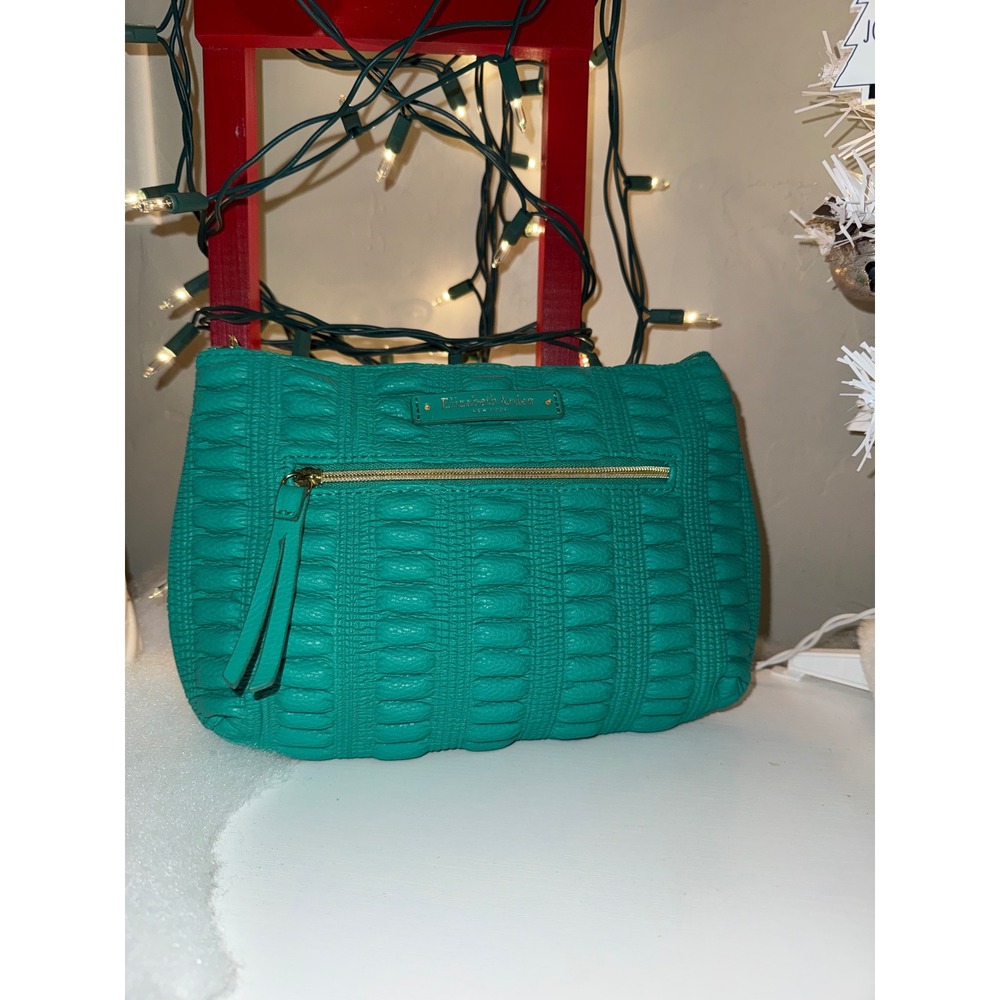Elizabeth Arden Teal Textured Bag Gold Zipper Tassel‎ Accent